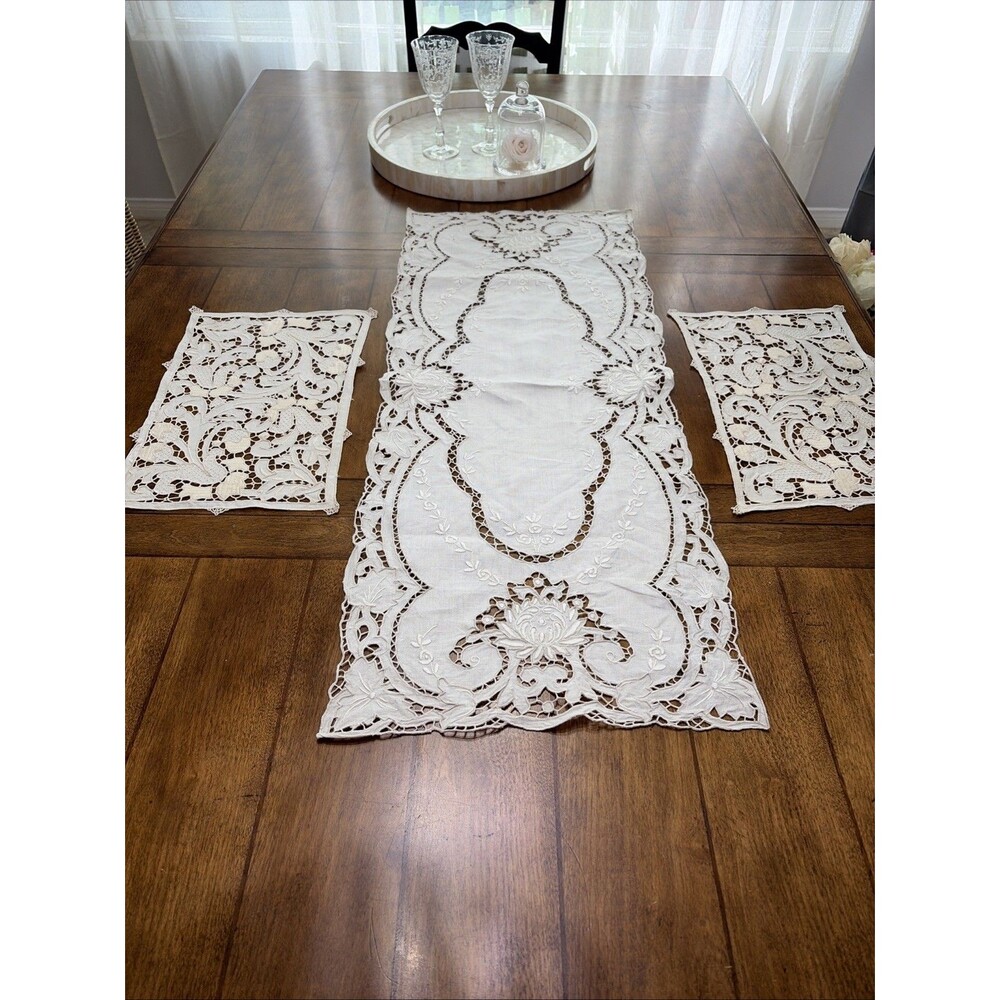 Vtg, Hand embroidered in Madeira With Cutwork Doilies, Table runner Set Of 3